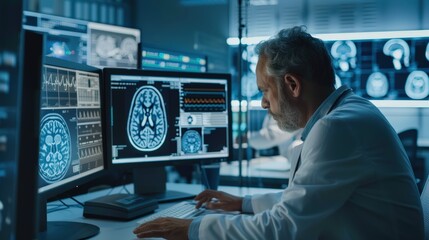 Doctor is diagnosing an elderly patient with a neurodegenerative brain disease by examining their MRI scan in order to determine the appropriate neurological treatment