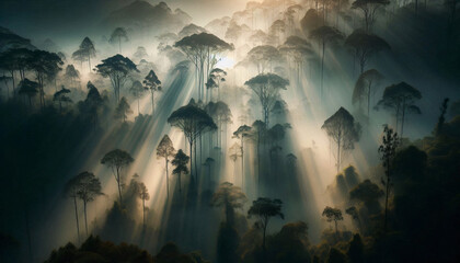 Misty forest scene with sun rays breaking through the trees, creating a mystical and serene atmosphere