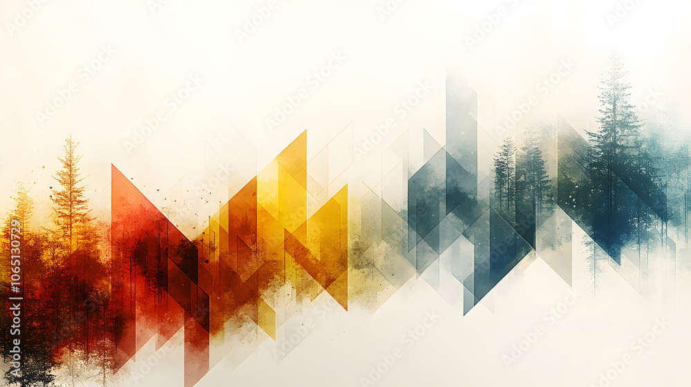 Poster Abstract landscape art with geometric shapes and a muted color palette, blending forest imagery and soft gradients.