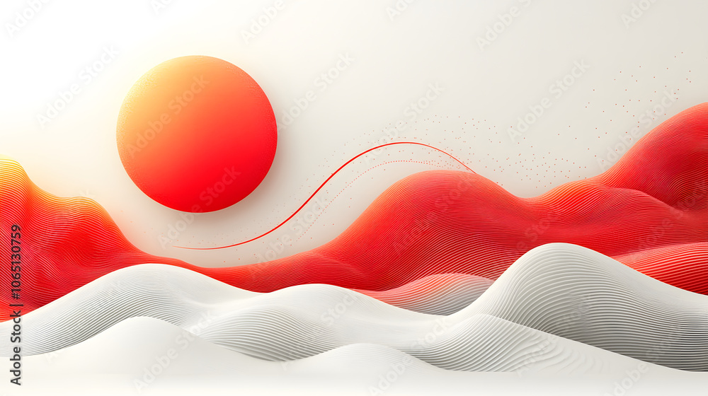 Poster a vibrant, abstract landscape featuring a large red sun against stylized waving hills of red and whi