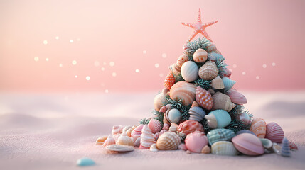 Fototapeta premium 3D animated christmas ornament featuring seashells and sea creatures with a starfish on top, made from beach elements