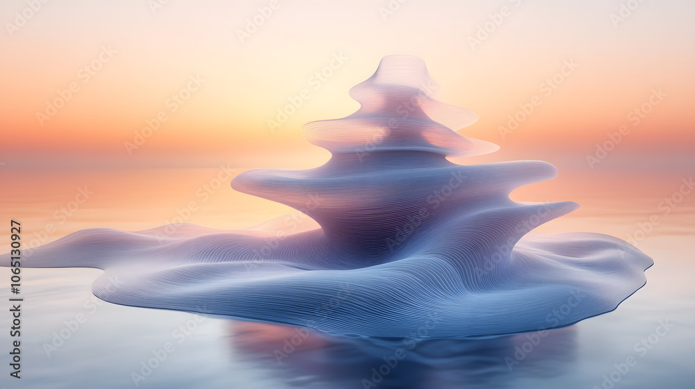 Poster a surreal, serene landscape featuring a wavy structure rising from calm waters, illuminated by soft 