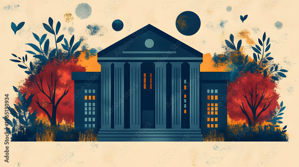 Aufkleber a stylized illustration of a grand building surrounded by vibrant trees and cosmic elements, showcas