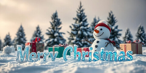 A winter landscape with snowmen, gift boxes, and Christmas trees.