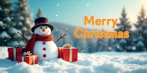 A winter landscape with snowmen, gift boxes, and Christmas trees.