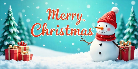 A winter landscape with snowmen, gift boxes, and Christmas trees.