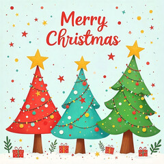 A decorated Christmas tree with ornaments, lights, and presents underneath, with a Merry Christmas