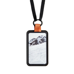 Ski tag with snowy mountains, white isolate background.