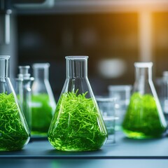 Laboratory glassware containing vibrant green algae, showcasing a scientific exploration of biology and environmental research.