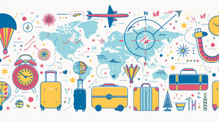 Colorful travel and vacation icons with world map background