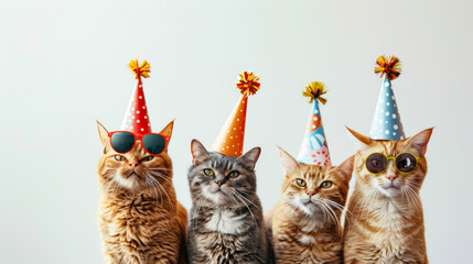 Four cats wearing party hats and sunglasses on light background