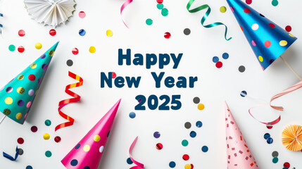 Obraz premium Happy New Year 2025 with colorful party hats, confetti, and streamers on white background