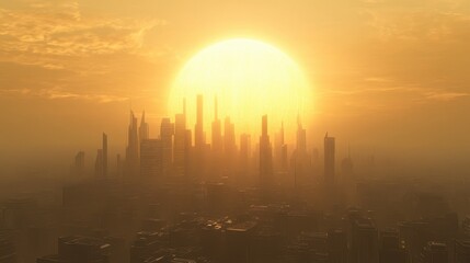 Fototapeta premium Golden sunset over a sprawling modern city skyline, illuminating skyscrapers and casting long shadows during twilight