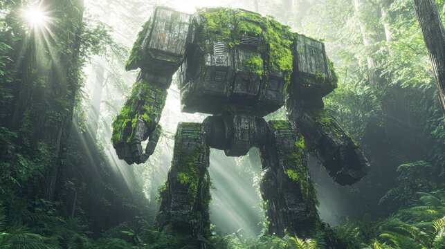 A giant moss-covered robot stands tall in a lush, vibrant forest
