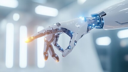 A robotic hand reaching out in a futuristic setting with glowing elements and soft lighting showcasing advanced technology