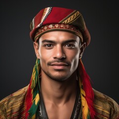 Obraz premium Brazilian man in traditional outfit with warm smile against a vibrant studio background