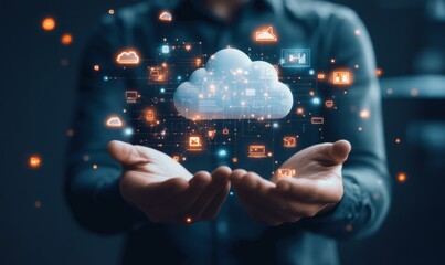 An image combining a cloud architect with clouds and digital infrastructure, symbolizing cloud computing solutions