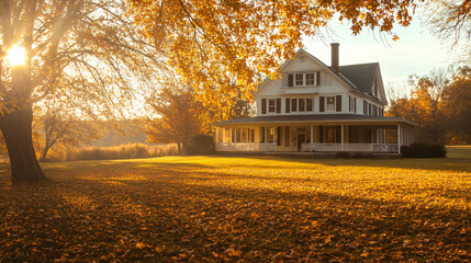 A scenic farm estate with a wrap-around porch, perfect for Thanksgiving family reunions.