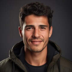 Fototapeta premium Colombian man dressed casually with warm smile against a vibrant studio backdrop