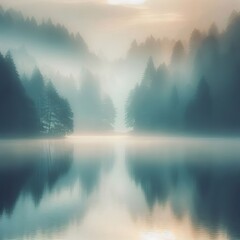 Hazy Lake Reflections A lake with reflections of trees and sky b