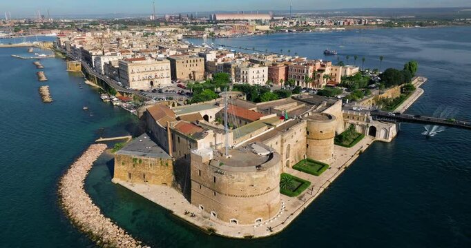 Aerial View Of Castello Aragonese In Taranto, Italy - Drone Shot