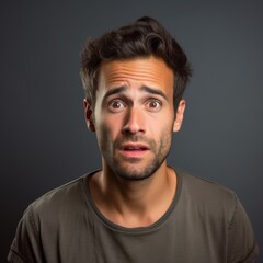 Obraz premium Close up of a scared man with a worried look and casual hoodie against a neutral gray backdrop