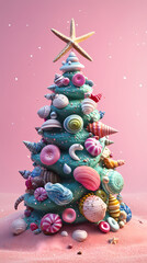 3D animated christmas ornament featuring seashells and sea creatures with a starfish on top, made from beach elements