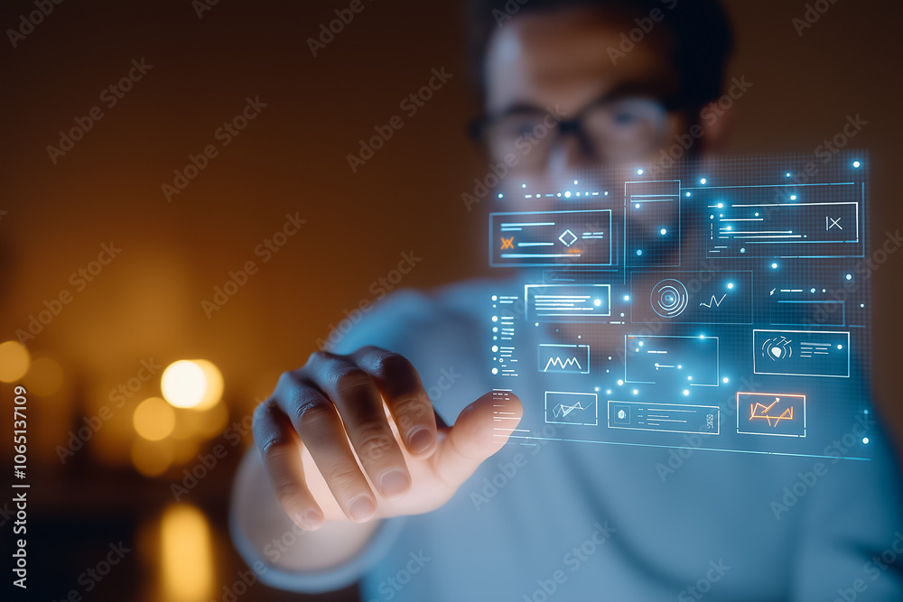 Poster a person engages with a futuristic holographic display showing various data visualizations in a diml