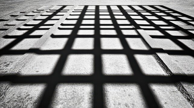 A low-angle view captures a grid of intersecting lines, creating a dynamic play of shadows on a textured surface beneath. The light subtly enhances the details above and below.