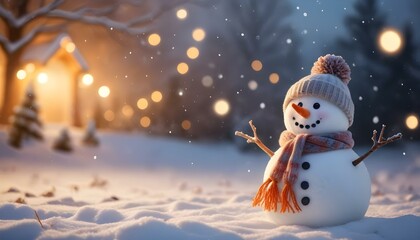 Obraz premium A cheerful snowman with a carrot nose, wearing a scarf and hat, standing in a snowy winter landscape with blurred lights in the background and falling snowflakes.