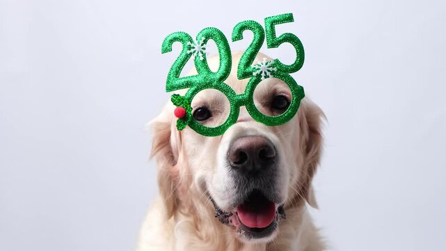 Dog with glasses 2025 for new year. Golden retriever for Christmas sitting on white background with green glasses. Postcard with space for text for new year with pet.