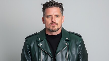 Obraz premium Stylish man in leather jacket showcases confidence and modern fashion trends