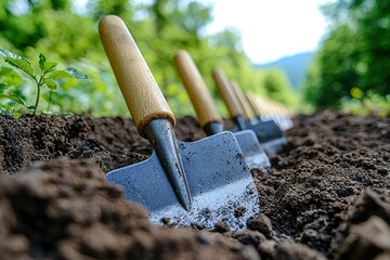 A row of gardening shovels in the soil