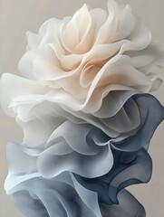 Fototapeta premium A delicate, abstract representation of a flower with soft petals in gradients of white, cream, and blue, creating a serene and ethereal aesthetic.