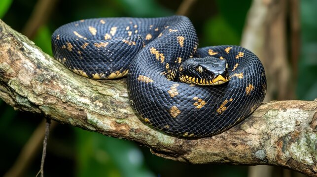 Black and Yellow Python Relaxing on Tree Branch in Lush Rainforest