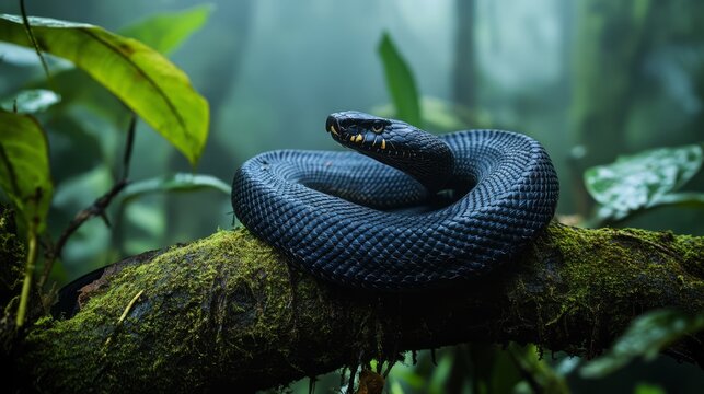 Green Tree Python Coiled on a Branch in Lush Rainforest