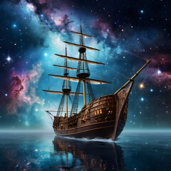 Fototapeta premium A fairytale ship floating through a sea of stars 