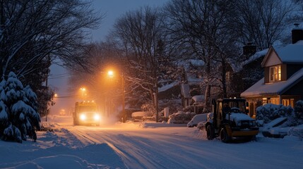 Snowy Night Scene with Snowplow Illuminating a Quiet Residential Street