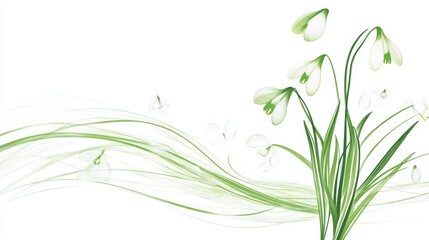 Elegant Snowdrop Flowers with Graceful Green Swirls on White Background