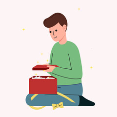 Festive Flat Design: Man Opening a Christmas or New Year Gift in Flat Illustration. Holiday Cheer for Holiday and Birthday Themes vector illustration