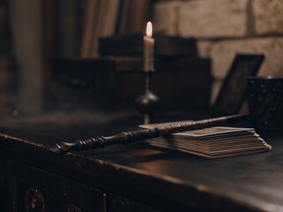 Obraz premium A mysterious wand resting on a dark wooden table, surrounded by candles and mystical cards in a cozy, enchanted setting.