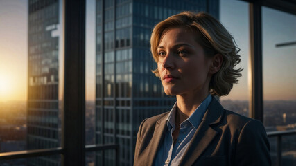 Fototapeta premium A Professional Business Woman in a Building at Sunset