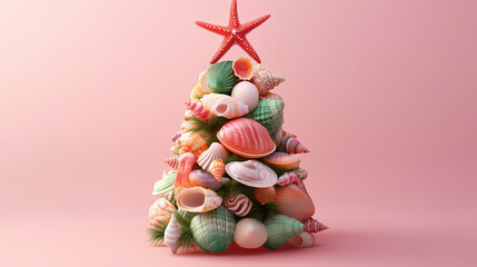 3D animated christmas ornament featuring seashells and sea creatures with a starfish on top, made from beach elements