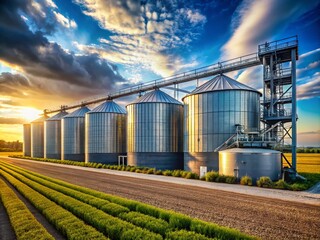 Architectural Photography of Modern Grain Storage Facility with Innovative Moisture Measurement Technology for Wheat Grains, Showcasing Advanced Agricultural Practices and Sustainable Design
