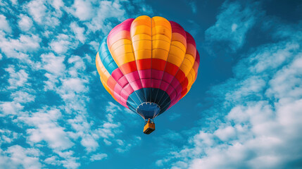 Obraz premium A vibrant hot air balloon drifts gracefully through a clear sky, surrounded by white fluffy clouds on a sunny afternoon