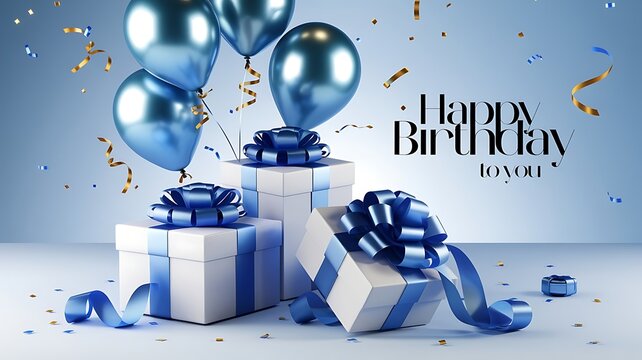 Loppy Birthday Themed Gift Boxes and Balloons Arranged for a Festive Celebration with Blue and Silver Decorations and Confetti on a Light Background