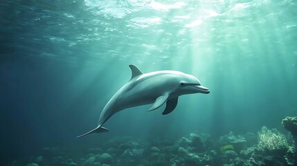 Obraz premium Dolphin swims gracefully through crystal clear ocean waters illuminated by sunlight