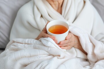  Woman holding warm tea cup, wrapped in cozy knitwear, relief for seasonal cold symptoms.