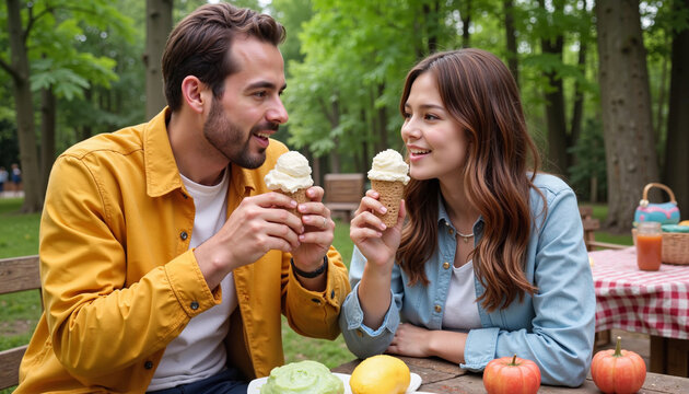Couple sharing ice cream cones and smiling at each other in a cozy park setting