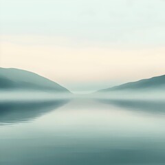Fototapeta premium A serene landscape featuring tranquil waters reflecting misty mountains at dawn. The soft pastel colors create a calming atmosphere, inviting peace and reflection.